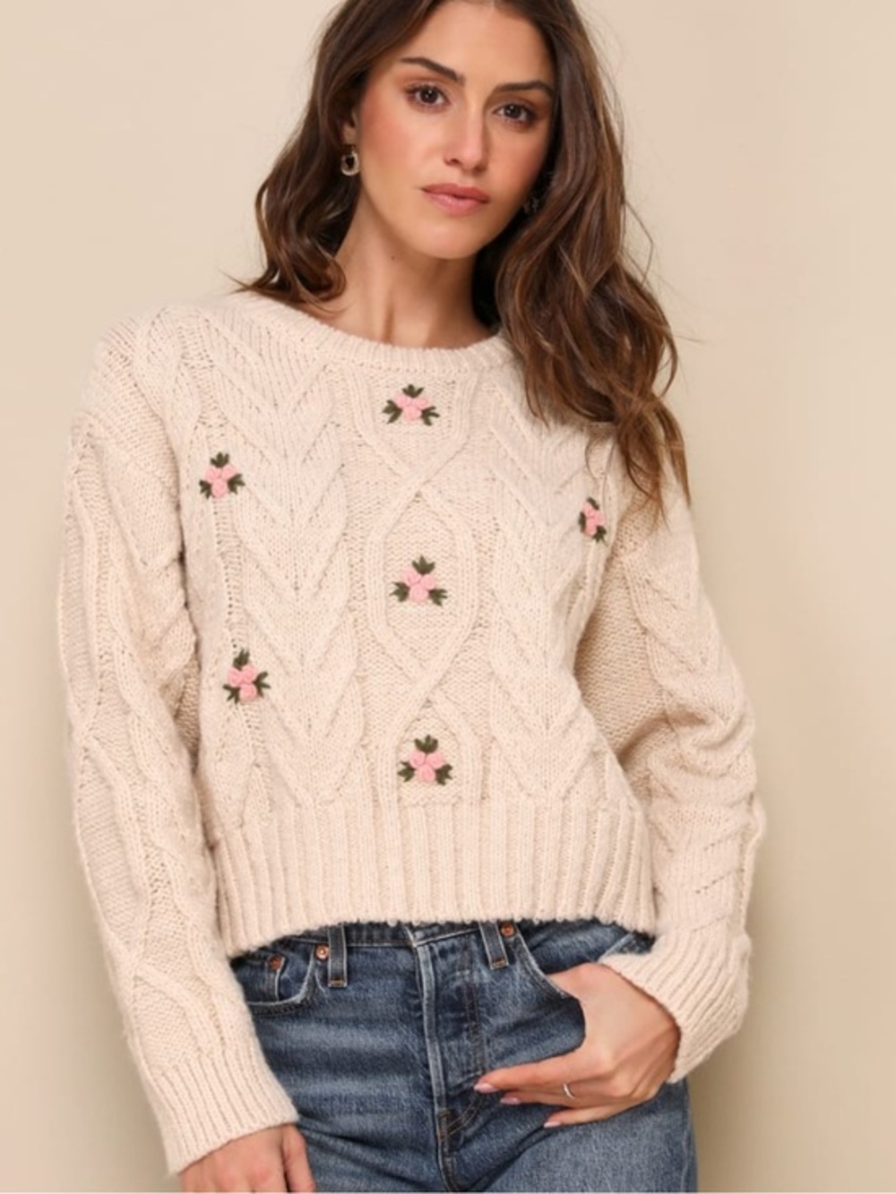 LULUS Cuddly Darling Beige Floral Cable Knit Pullover Sweater XL
